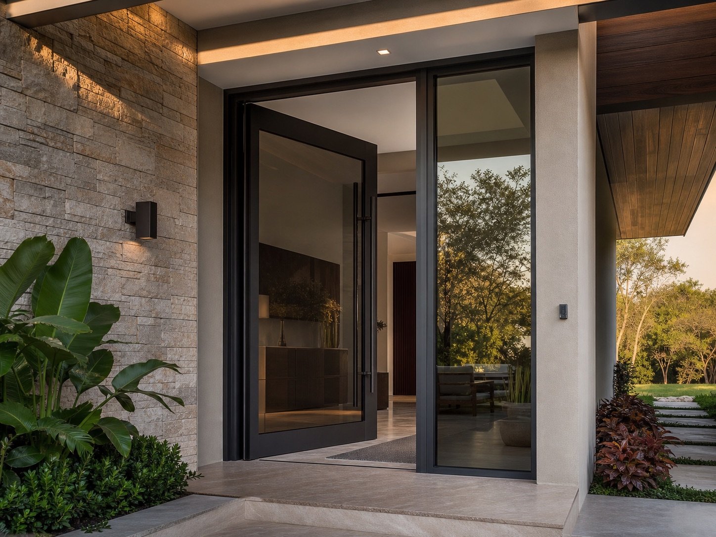 entrada residencial com porta de vidro fumê